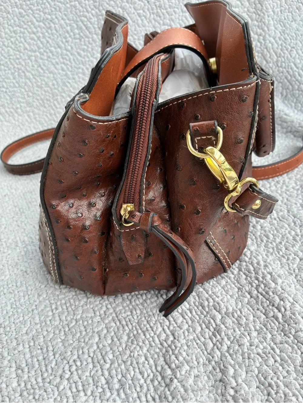Brown Ostrich-Texture Satchel with Gold Lock Detail